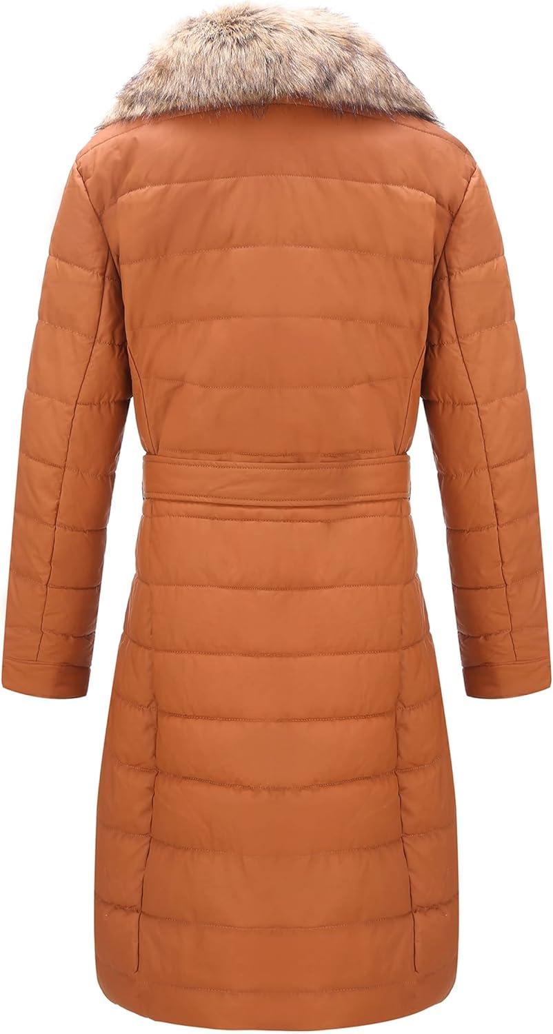 imageBellivera Womens Winter Puffer Jacket ColdResistant Patchwork Plush Lining Coat with Removable Fur Collar Hooded and BeltedCamel Yellow
