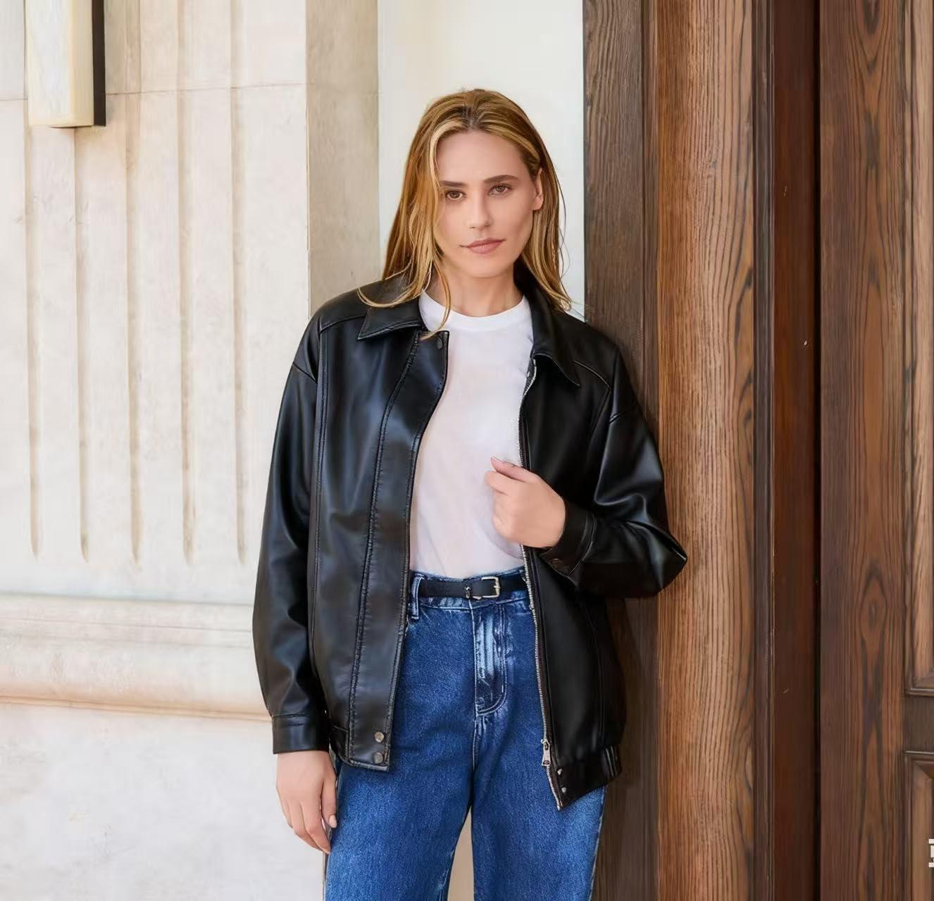 imageBello Vita Womens Plus Oversized Faux Leather Bomber Jacket Street Style Casual Zip Up Coat Size Runs LargerBlack