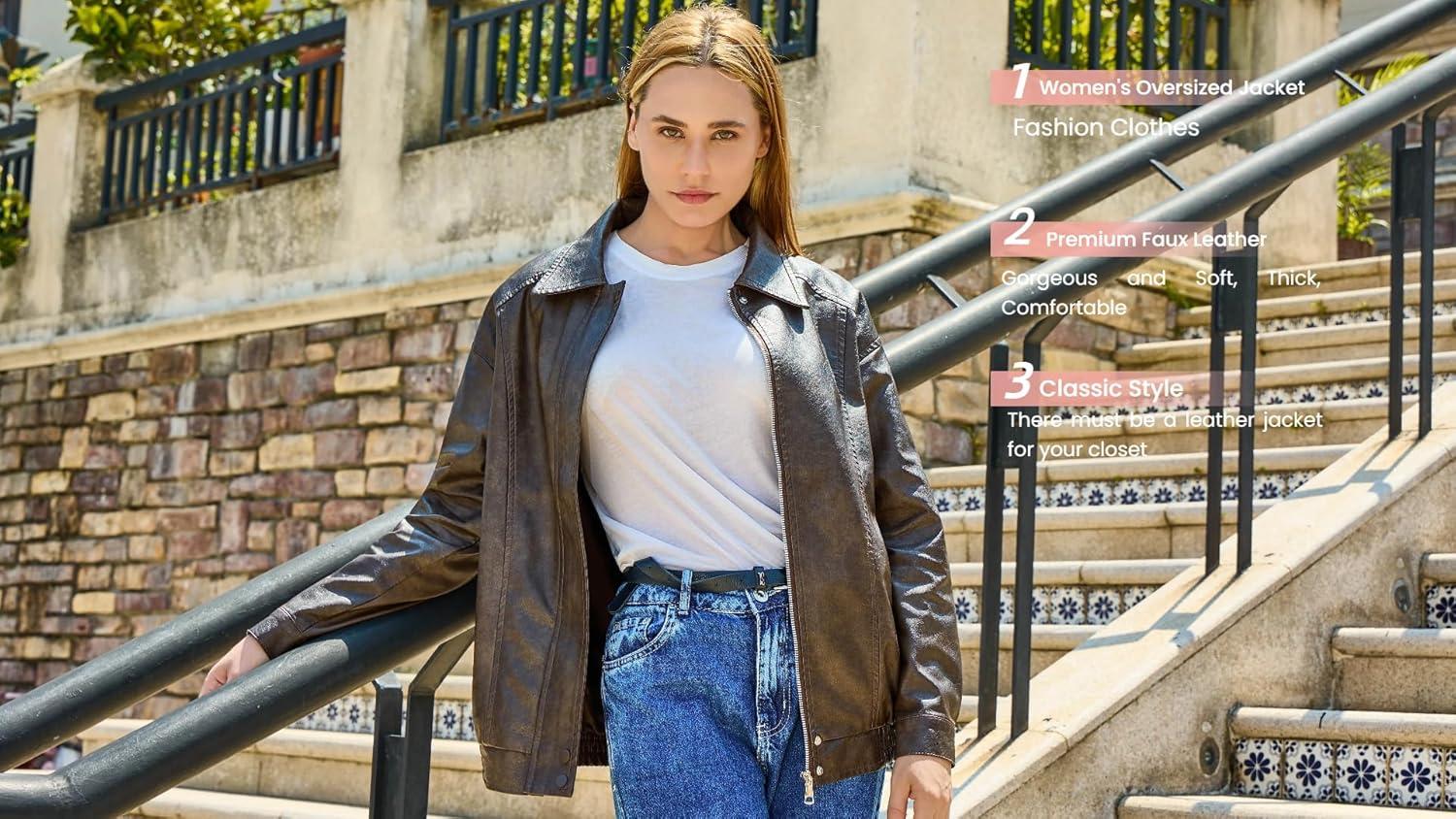 imageBello Vita Womens Plus Oversized Faux Leather Bomber Jacket Street Style Casual Zip Up Coat Size Runs LargerDark Brown