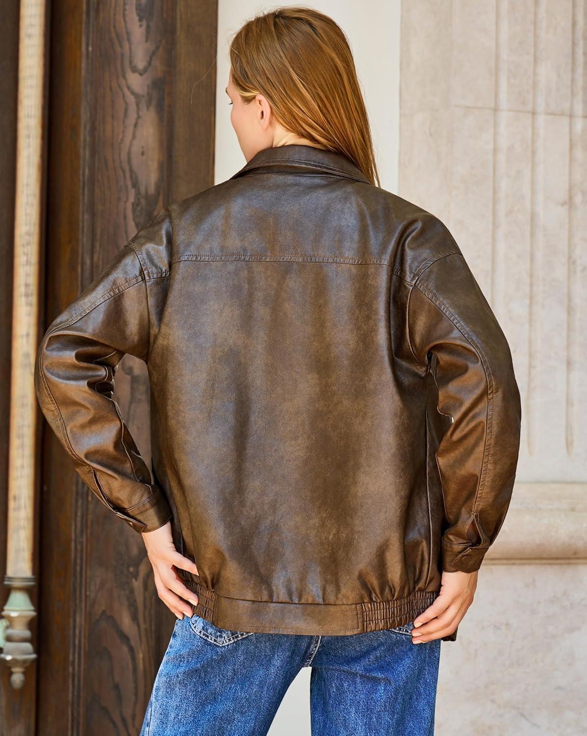 imageBello Vita Womens Plus Oversized Faux Leather Bomber Jacket Street Style Casual Zip Up Coat Size Runs LargerDark Brown