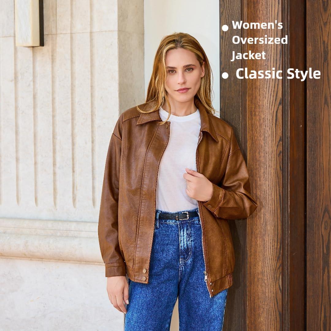 imageBello Vita Womens Plus Oversized Faux Leather Bomber Jacket Street Style Casual Zip Up Coat Size Runs LargerLight Brown