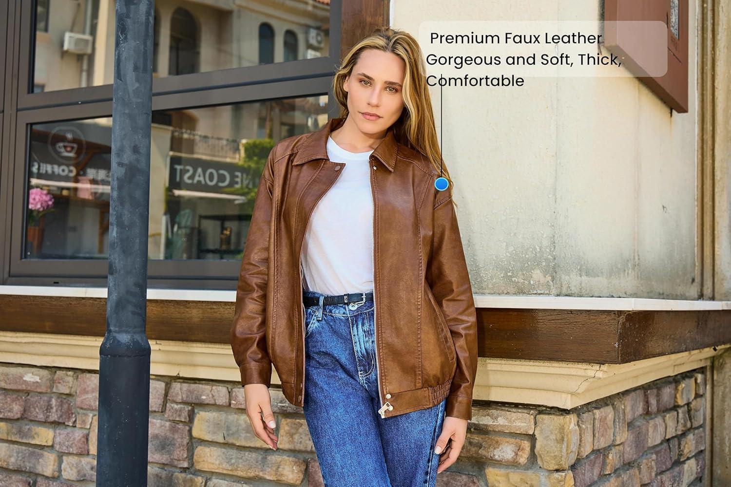 imageBello Vita Womens Plus Oversized Faux Leather Bomber Jacket Street Style Casual Zip Up Coat Size Runs LargerLight Brown