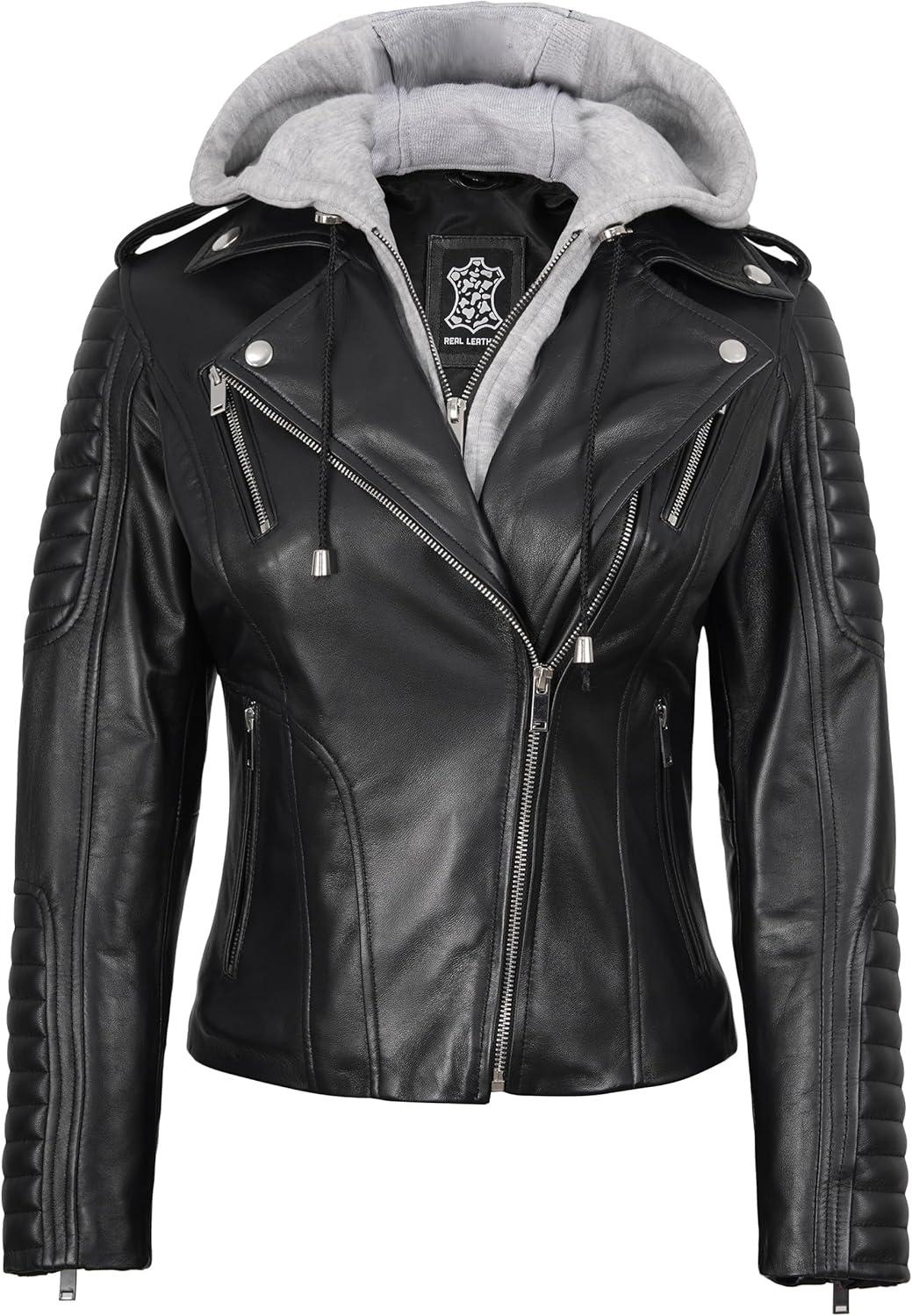 imageBlingsoul Leather Jacket Women Real Lambskin Womens Leather Jackets With Detachable HoodBagheria Black Jacket