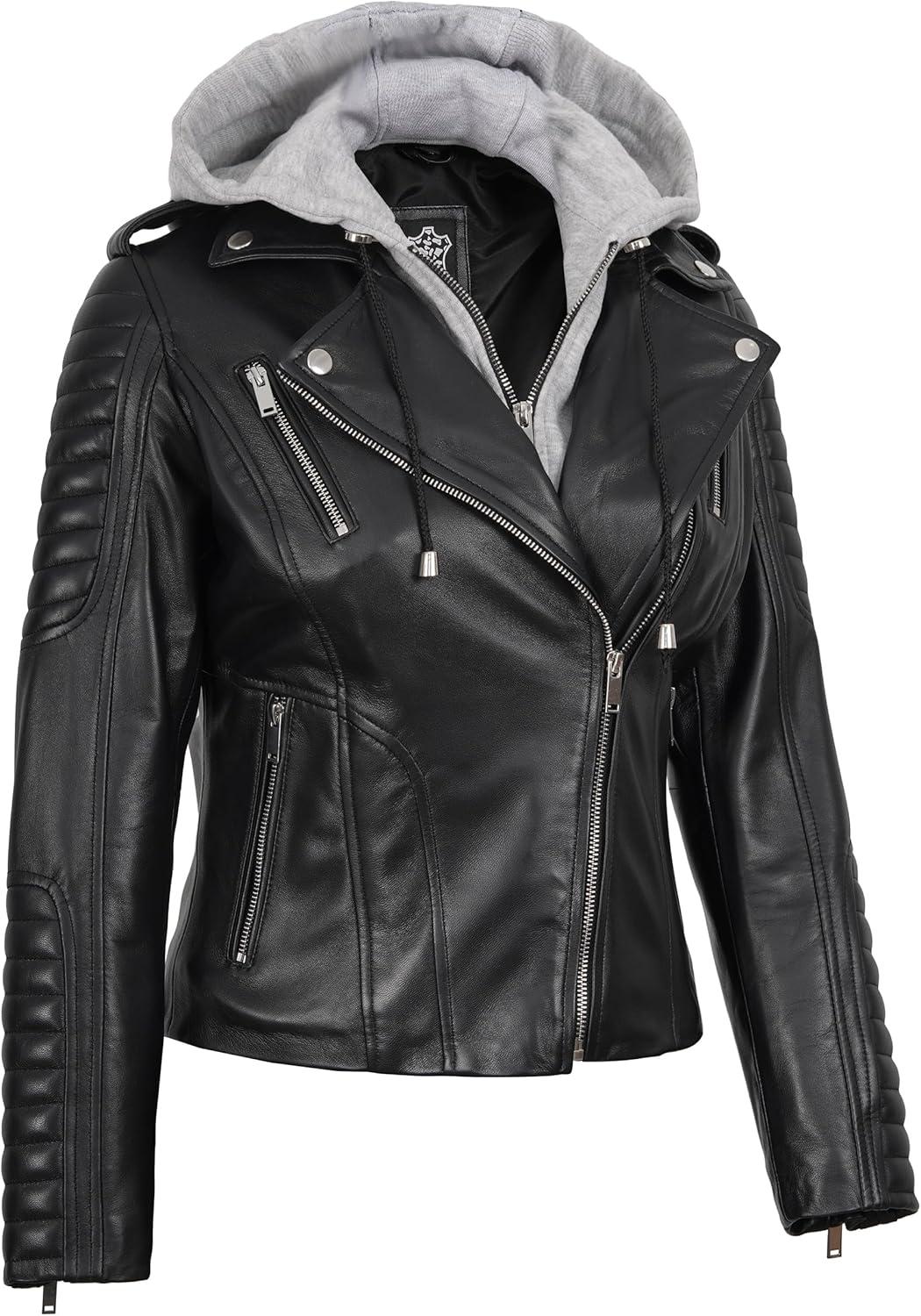 imageBlingsoul Leather Jacket Women Real Lambskin Womens Leather Jackets With Detachable HoodBagheria Black Jacket