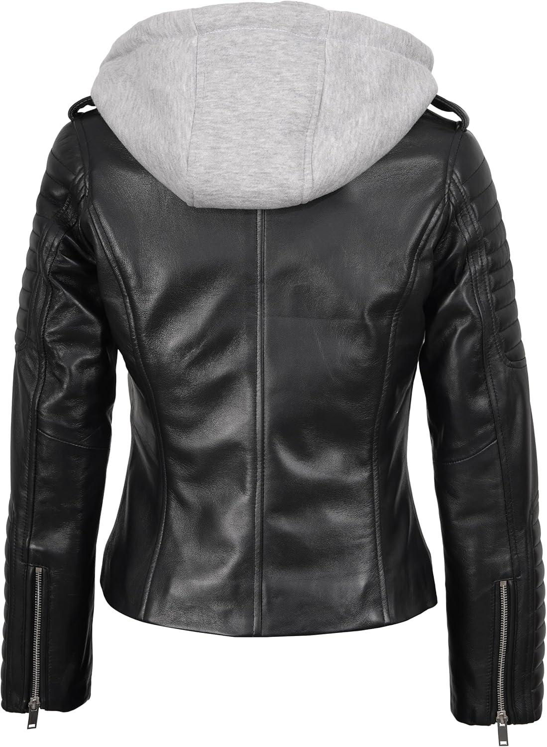 imageBlingsoul Leather Jacket Women Real Lambskin Womens Leather Jackets With Detachable HoodBagheria Black Jacket