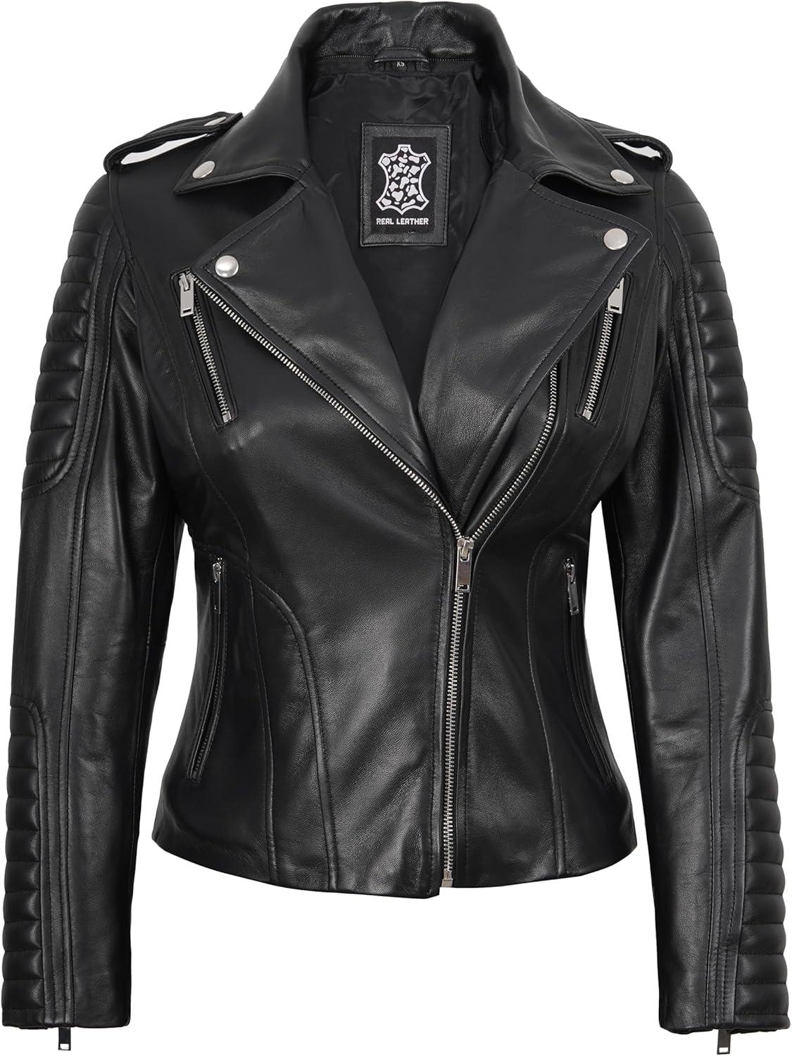 imageBlingsoul Leather Jacket Women Real Lambskin Womens Leather Jackets With Detachable HoodBagheria Black Jacket