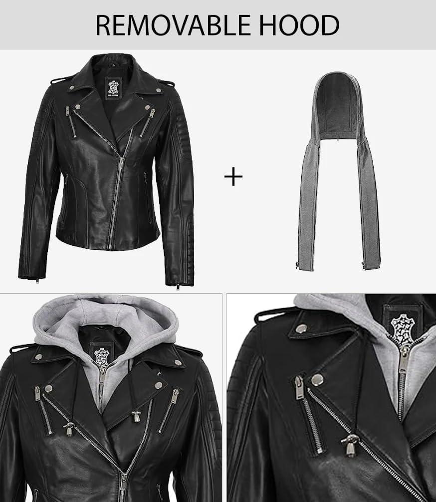 imageBlingsoul Leather Jacket Women Real Lambskin Womens Leather Jackets With Detachable HoodBagheria Black Jacket
