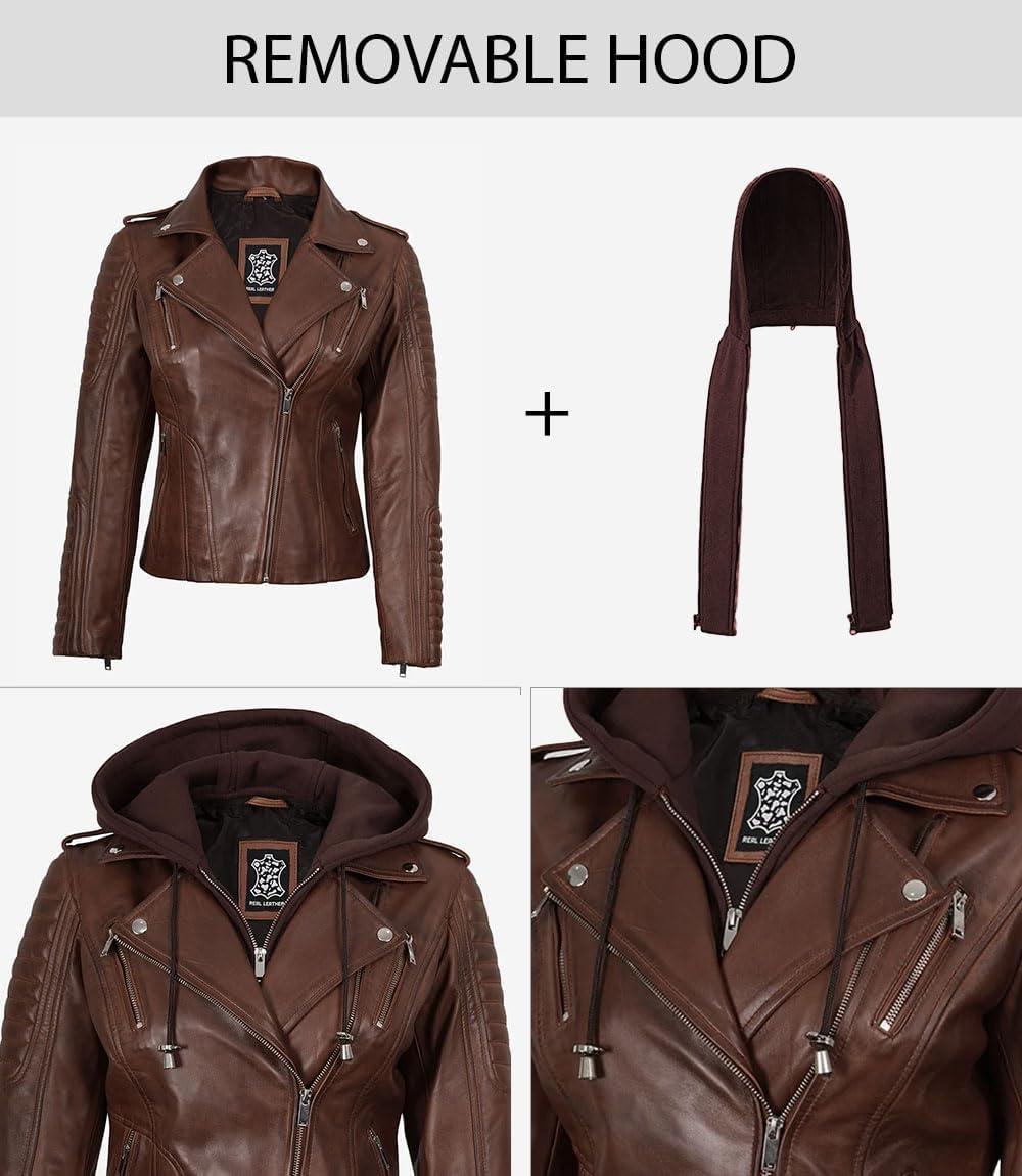 imageBlingsoul Leather Jacket Women Real Lambskin Womens Leather Jackets With Detachable HoodBagheria Cognac Jacket