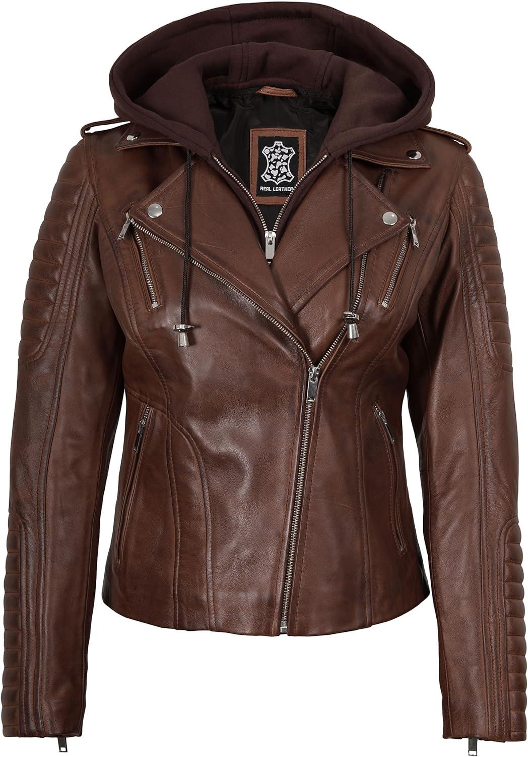 imageBlingsoul Leather Jacket Women Real Lambskin Womens Leather Jackets With Detachable HoodBagheria Cognac Jacket