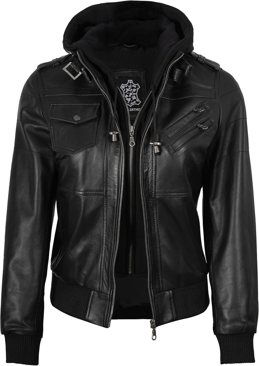 imageBlingsoul Leather Jacket Women Real Lambskin Womens Leather Jackets With Detachable HoodEdinburgh Black Jacket
