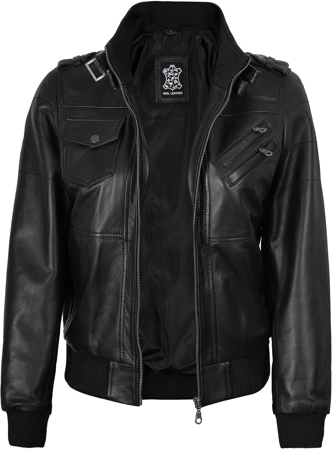 imageBlingsoul Leather Jacket Women Real Lambskin Womens Leather Jackets With Detachable HoodEdinburgh Black Jacket