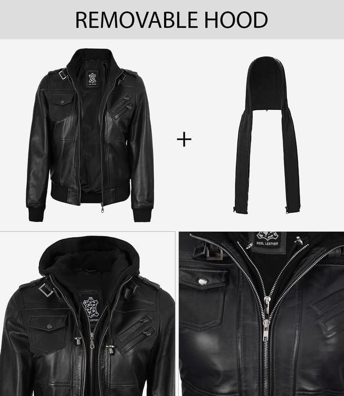 imageBlingsoul Leather Jacket Women Real Lambskin Womens Leather Jackets With Detachable HoodEdinburgh Black Jacket