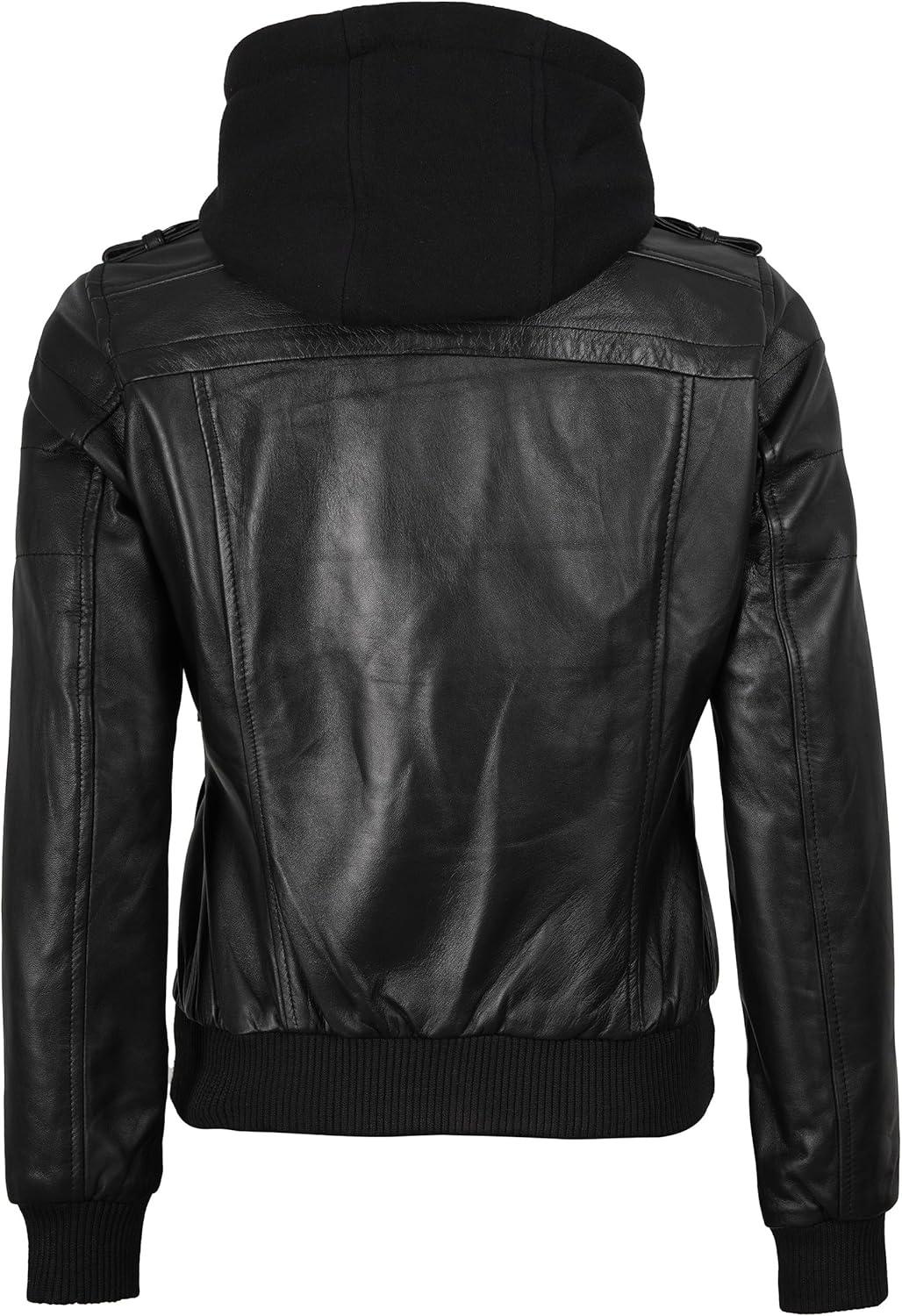 imageBlingsoul Leather Jacket Women Real Lambskin Womens Leather Jackets With Detachable HoodEdinburgh Black Jacket