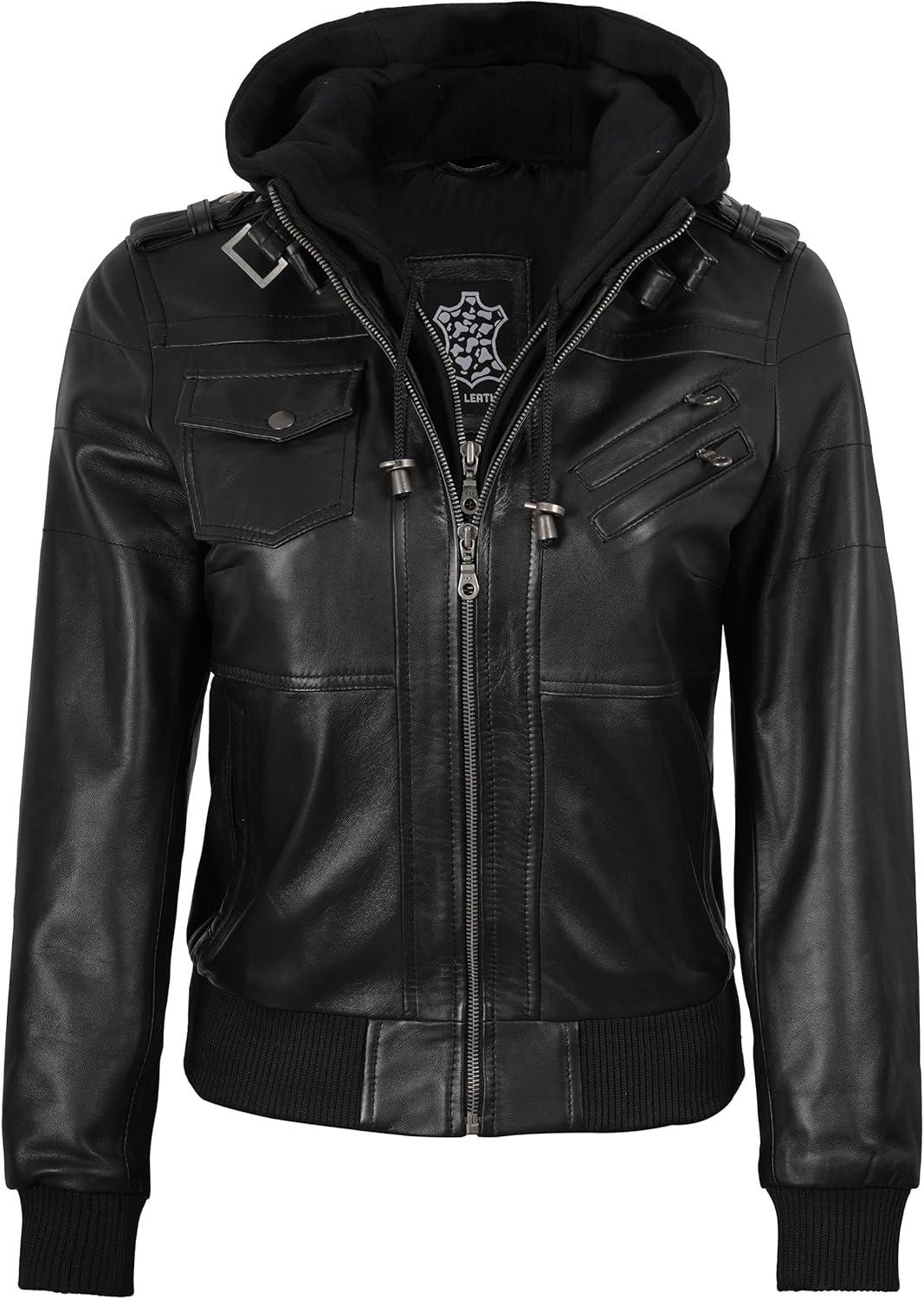imageBlingsoul Leather Jacket Women Real Lambskin Womens Leather Jackets With Detachable HoodEdinburgh Black Jacket