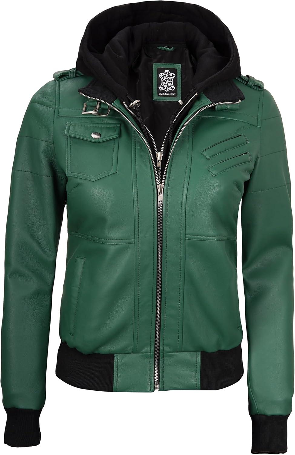imageBlingsoul Leather Jacket Women Real Lambskin Womens Leather Jackets With Detachable HoodEdinburgh Green Jacket