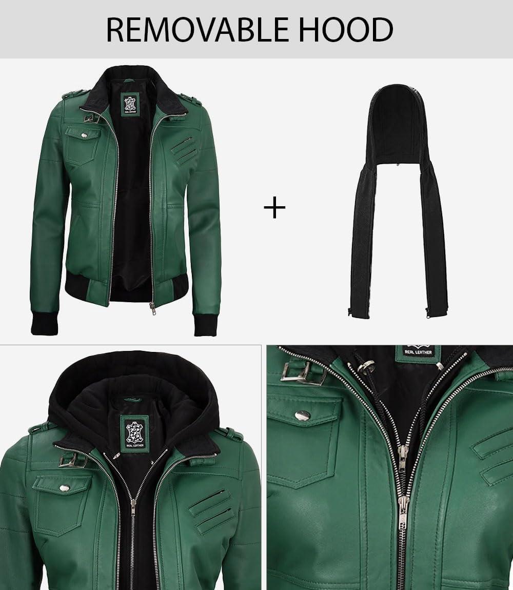 imageBlingsoul Leather Jacket Women Real Lambskin Womens Leather Jackets With Detachable HoodEdinburgh Green Jacket