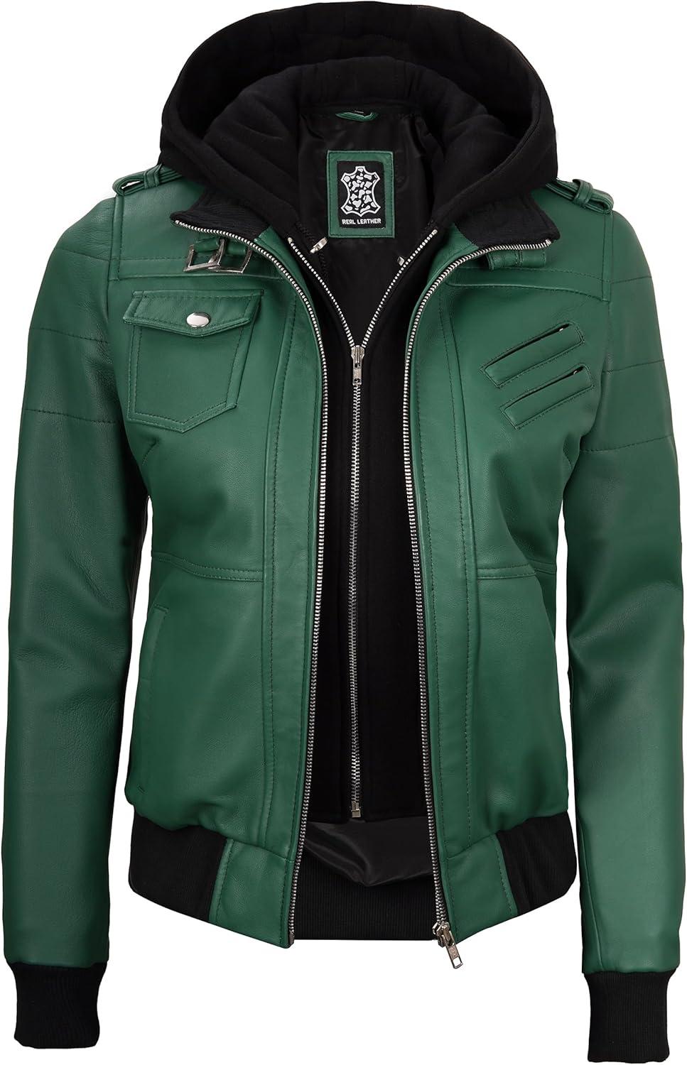 imageBlingsoul Leather Jacket Women Real Lambskin Womens Leather Jackets With Detachable HoodEdinburgh Green Jacket