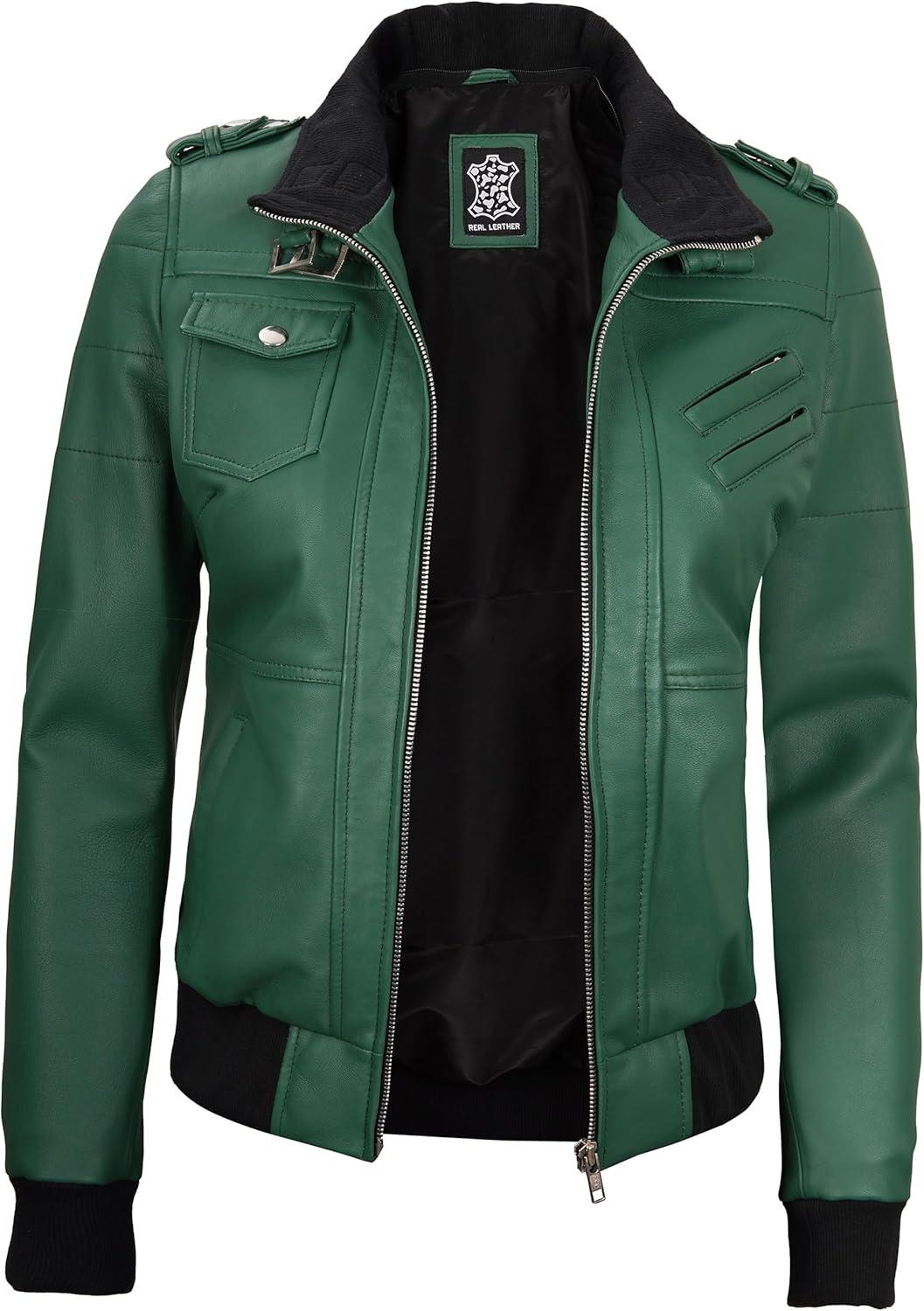 imageBlingsoul Leather Jacket Women Real Lambskin Womens Leather Jackets With Detachable HoodEdinburgh Green Jacket