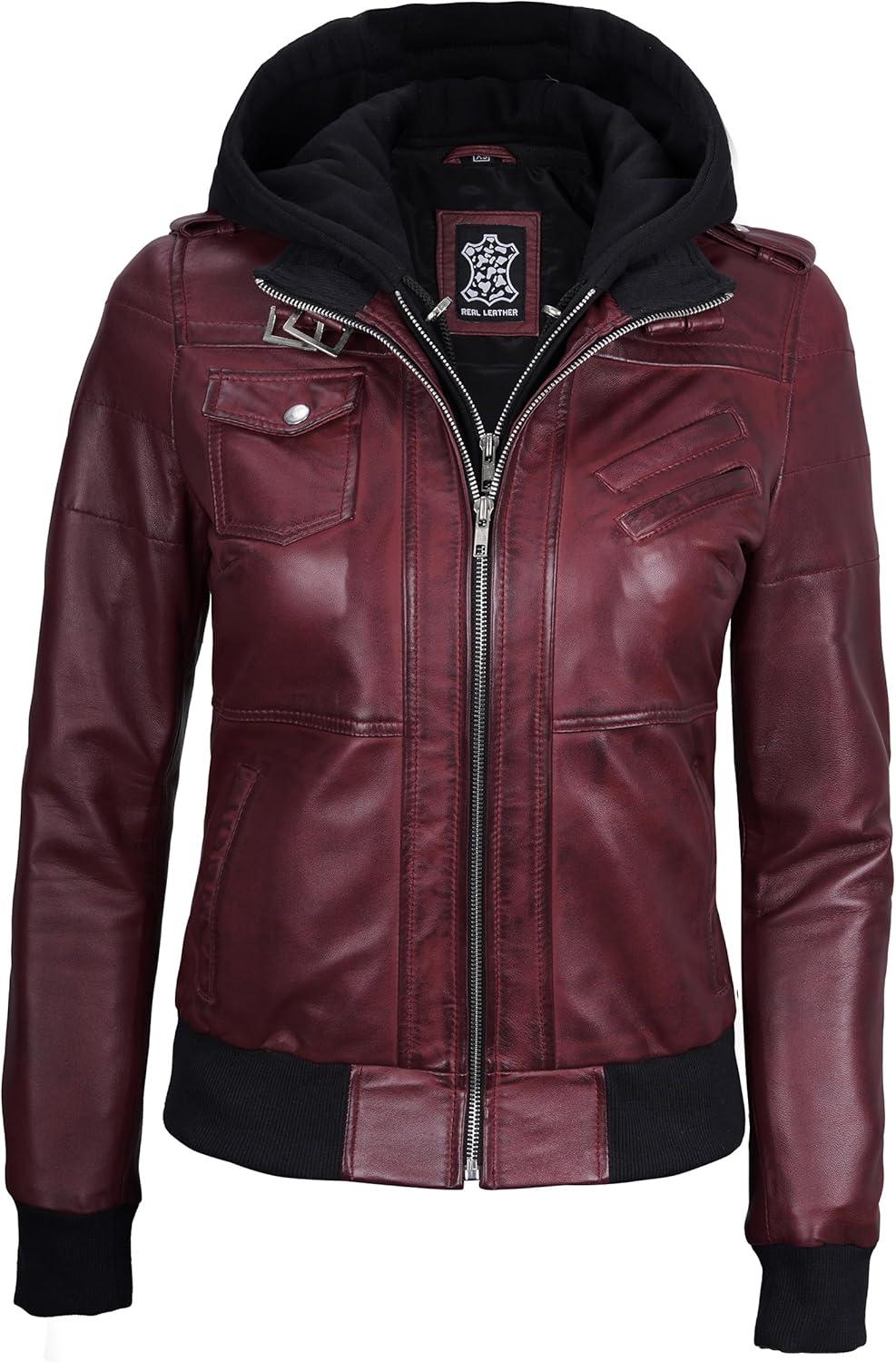 imageBlingsoul Leather Jacket Women Real Lambskin Womens Leather Jackets With Detachable HoodEdinburgh Maroon Jacket