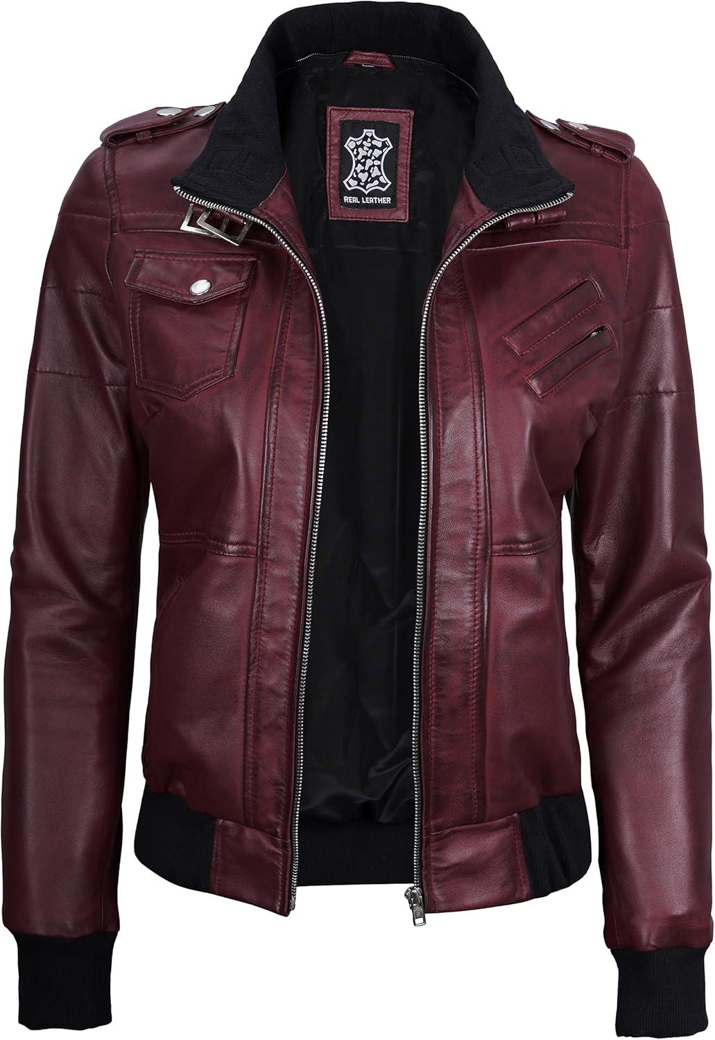 imageBlingsoul Leather Jacket Women Real Lambskin Womens Leather Jackets With Detachable HoodEdinburgh Maroon Jacket