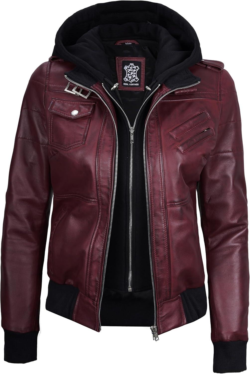 imageBlingsoul Leather Jacket Women Real Lambskin Womens Leather Jackets With Detachable HoodEdinburgh Maroon Jacket