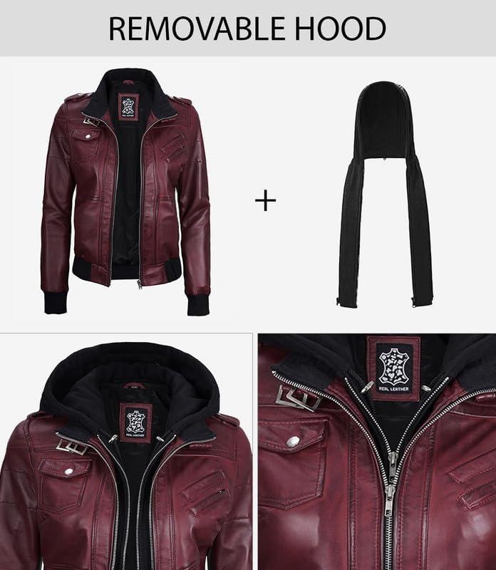 imageBlingsoul Leather Jacket Women Real Lambskin Womens Leather Jackets With Detachable HoodEdinburgh Maroon Jacket