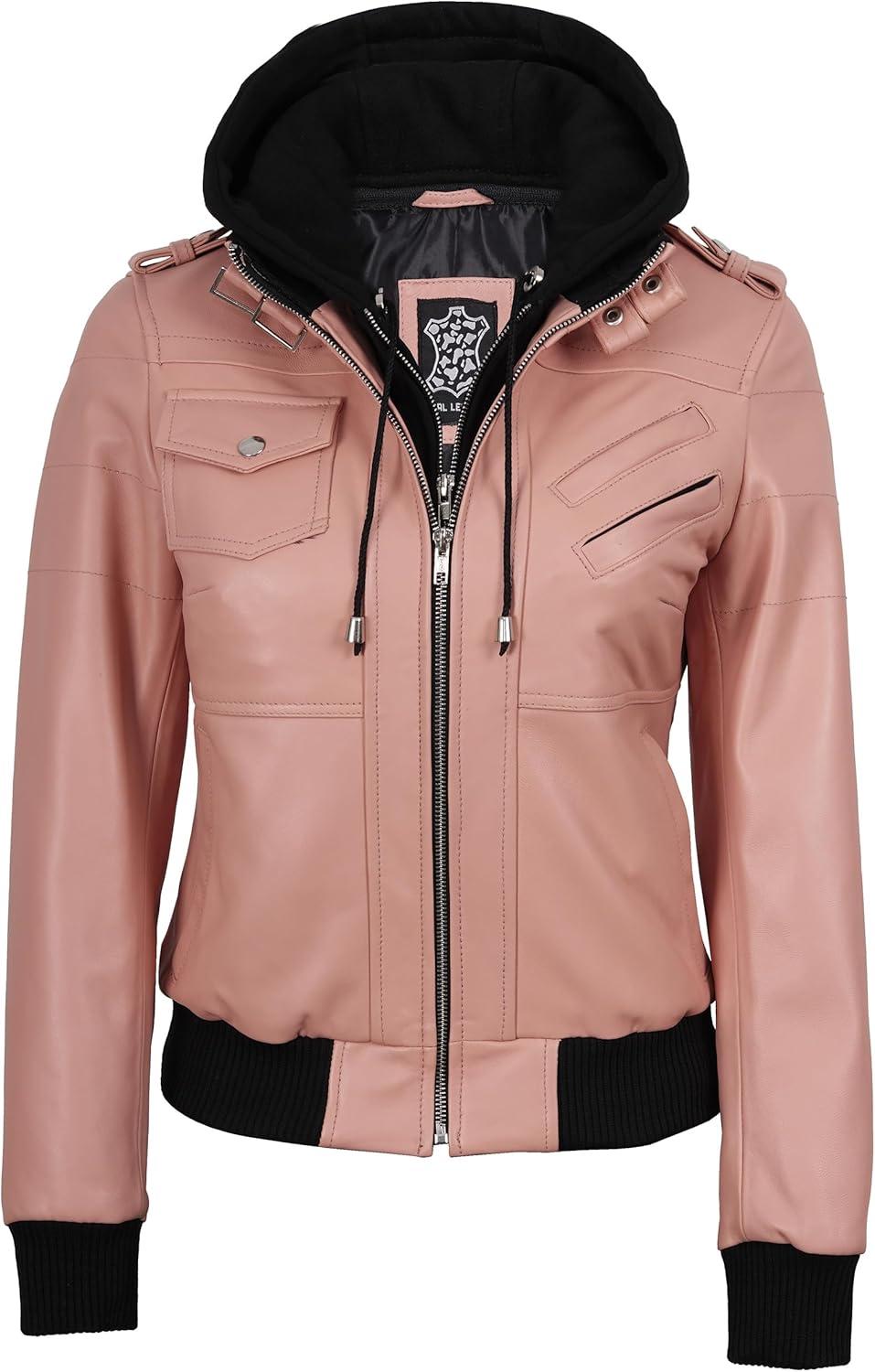 imageBlingsoul Leather Jacket Women Real Lambskin Womens Leather Jackets With Detachable HoodEdinburgh Pink Jacket