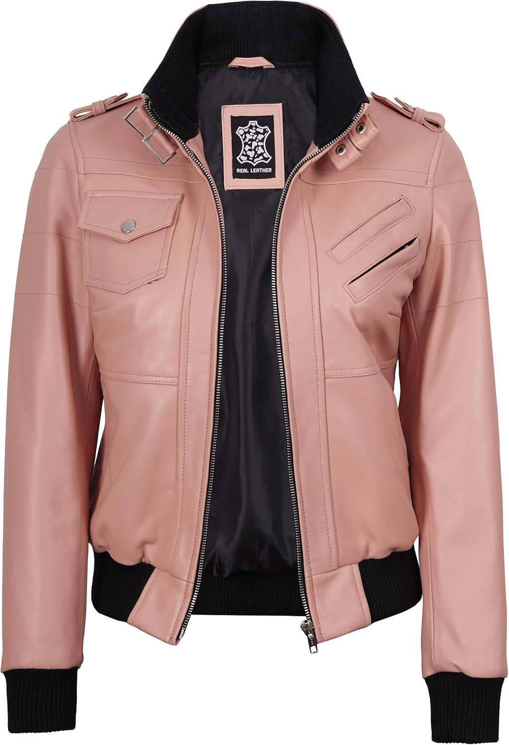 imageBlingsoul Leather Jacket Women Real Lambskin Womens Leather Jackets With Detachable HoodEdinburgh Pink Jacket