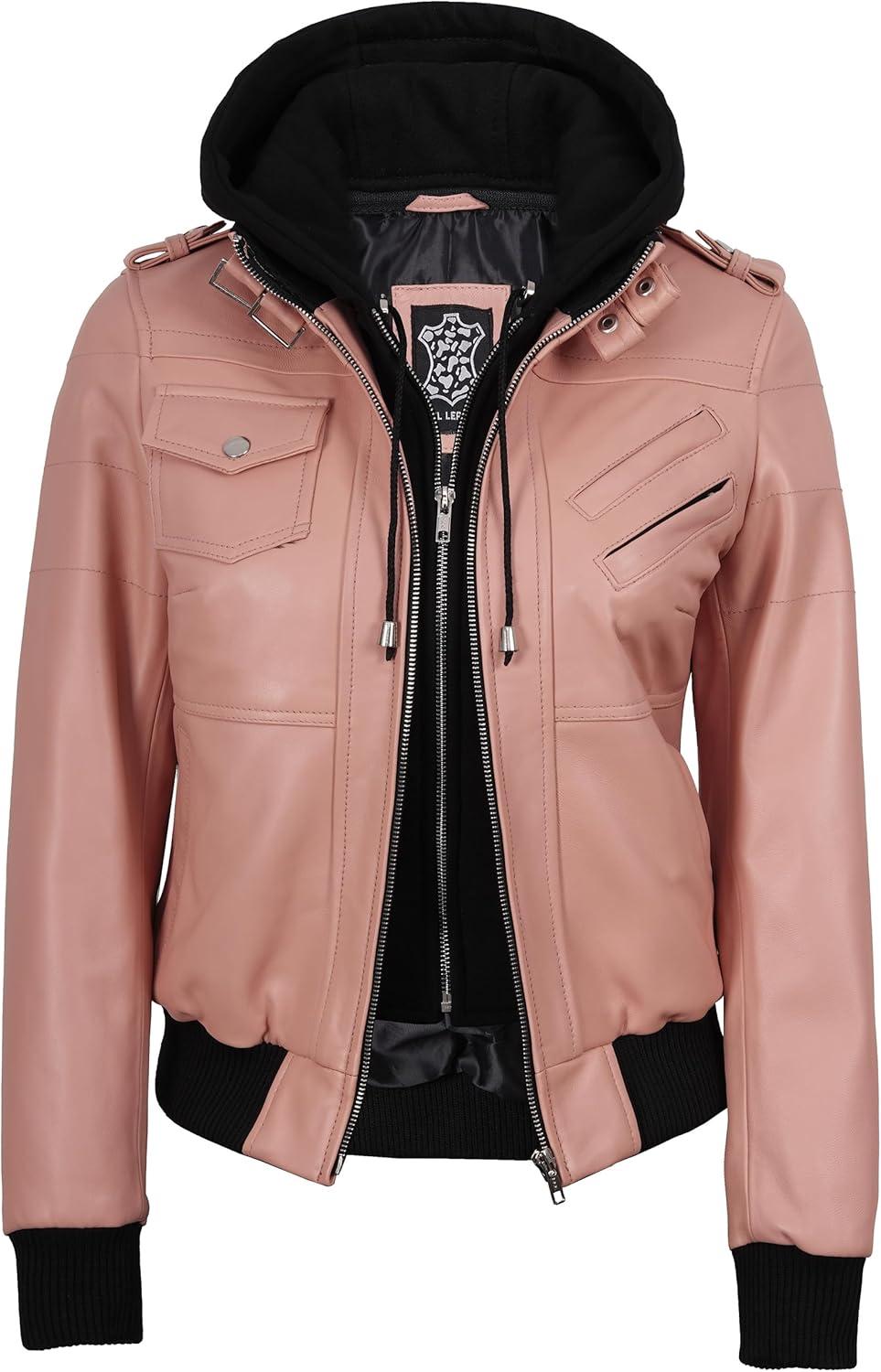 imageBlingsoul Leather Jacket Women Real Lambskin Womens Leather Jackets With Detachable HoodEdinburgh Pink Jacket