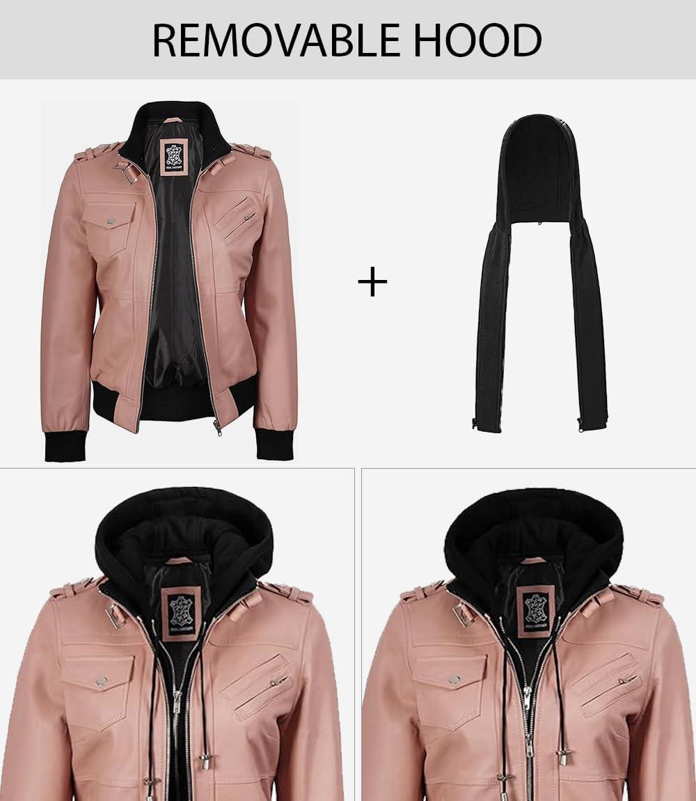 imageBlingsoul Leather Jacket Women Real Lambskin Womens Leather Jackets With Detachable HoodEdinburgh Pink Jacket