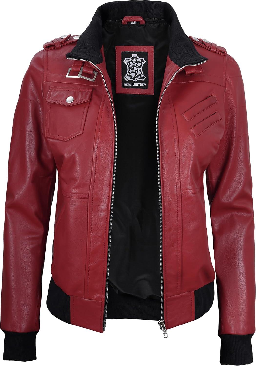 imageBlingsoul Leather Jacket Women Real Lambskin Womens Leather Jackets With Detachable HoodEdinburgh Red Jacket