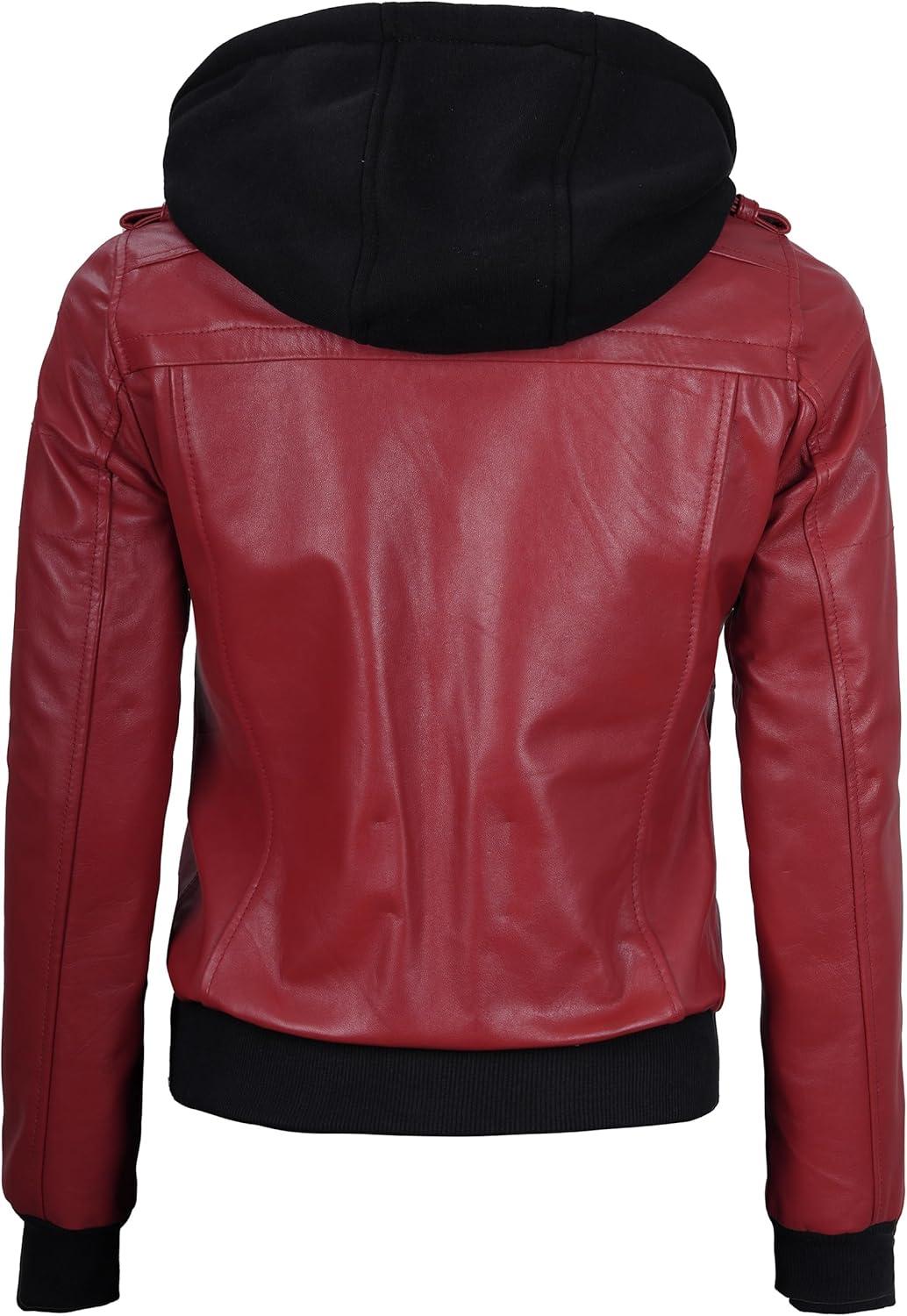 imageBlingsoul Leather Jacket Women Real Lambskin Womens Leather Jackets With Detachable HoodEdinburgh Red Jacket
