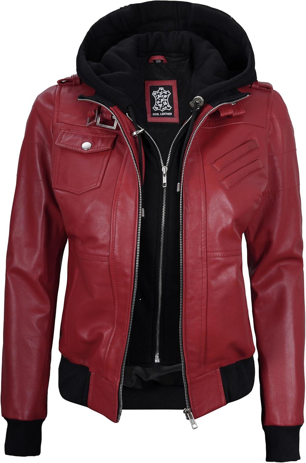 imageBlingsoul Leather Jacket Women Real Lambskin Womens Leather Jackets With Detachable HoodEdinburgh Red Jacket