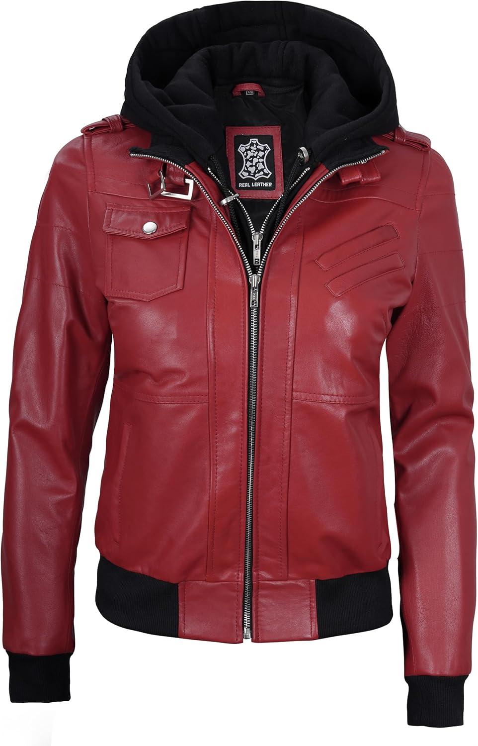 imageBlingsoul Leather Jacket Women Real Lambskin Womens Leather Jackets With Detachable HoodEdinburgh Red Jacket