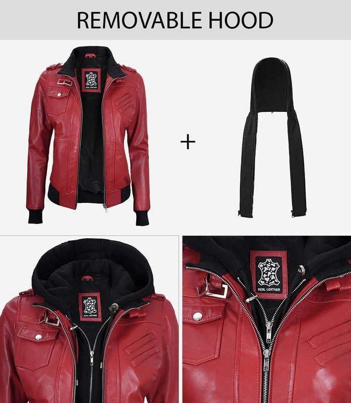 imageBlingsoul Leather Jacket Women Real Lambskin Womens Leather Jackets With Detachable HoodEdinburgh Red Jacket