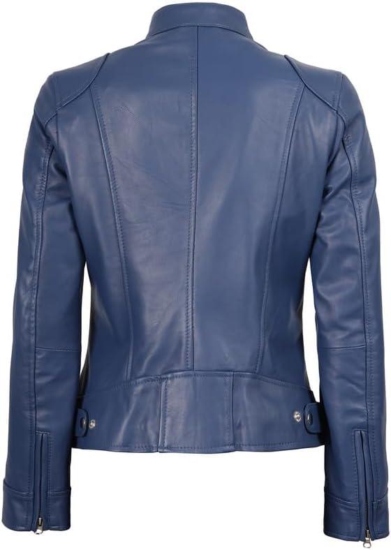 imageBlingsoul Real Leather Jacket Women Cafe Racer Style Womens Leather JacketsDodge Blue Jacket