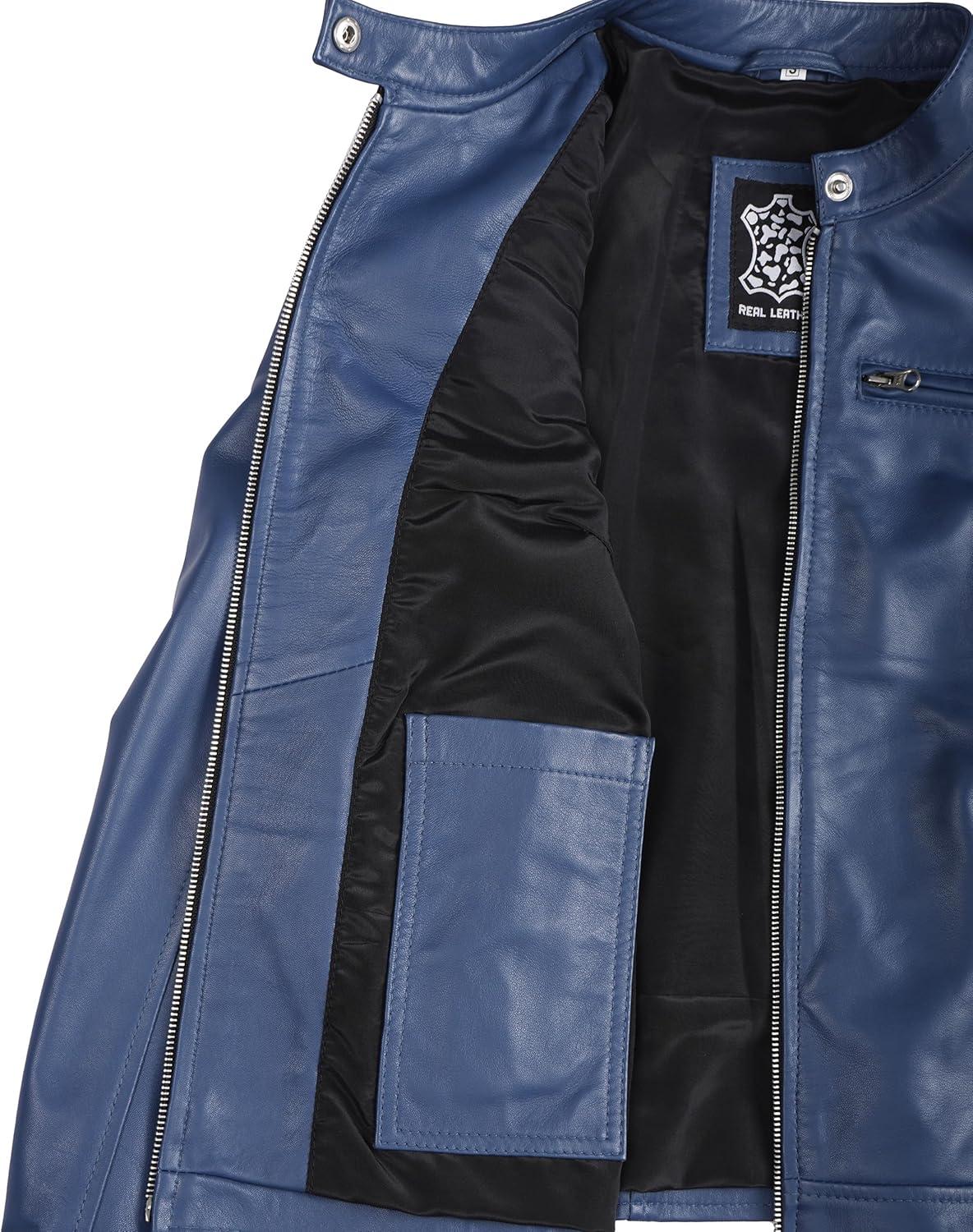 imageBlingsoul Real Leather Jacket Women Cafe Racer Style Womens Leather JacketsDodge Blue Jacket