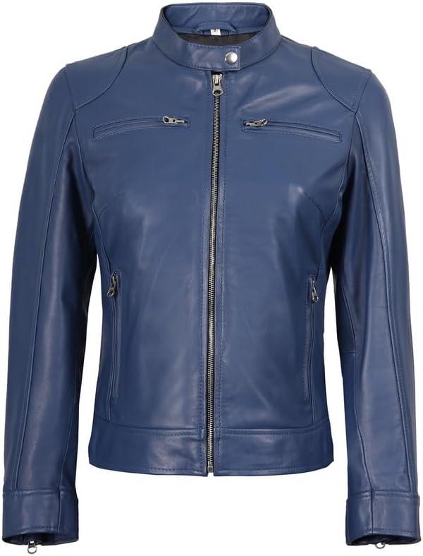 imageBlingsoul Real Leather Jacket Women Cafe Racer Style Womens Leather JacketsDodge Blue Jacket
