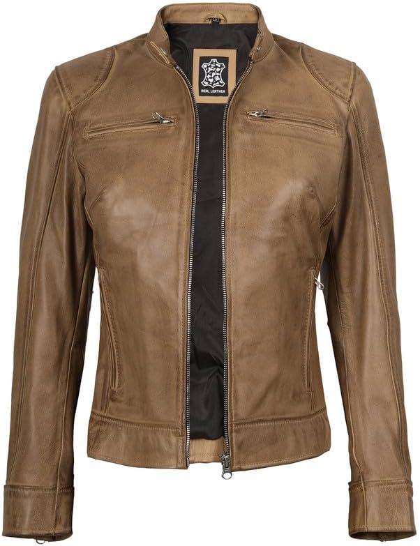 imageBlingsoul Real Leather Jacket Women Cafe Racer Style Womens Leather JacketsDodge Camel Jacket