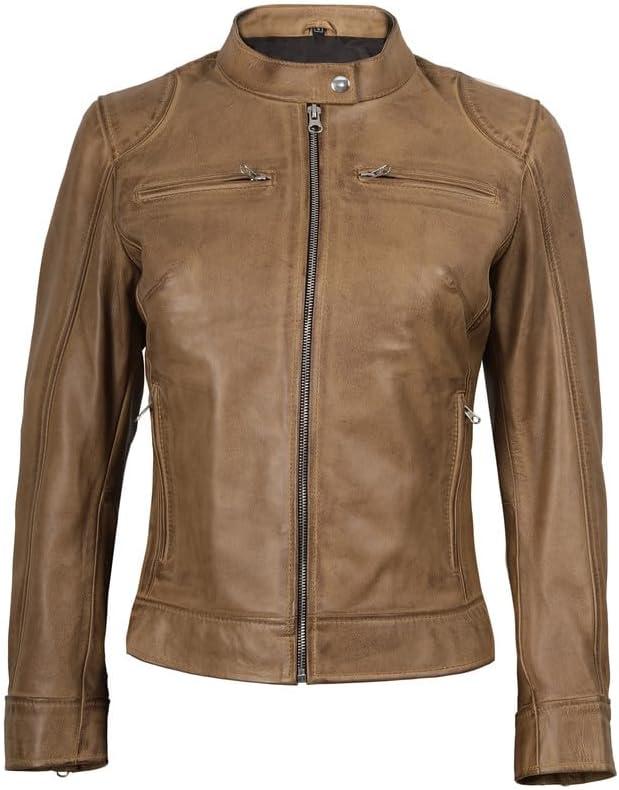 imageBlingsoul Real Leather Jacket Women Cafe Racer Style Womens Leather JacketsDodge Camel Jacket