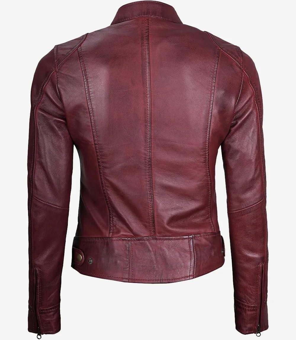 imageBlingsoul Real Leather Jacket Women Cafe Racer Style Womens Leather JacketsDodge Maroon Wax Jacket