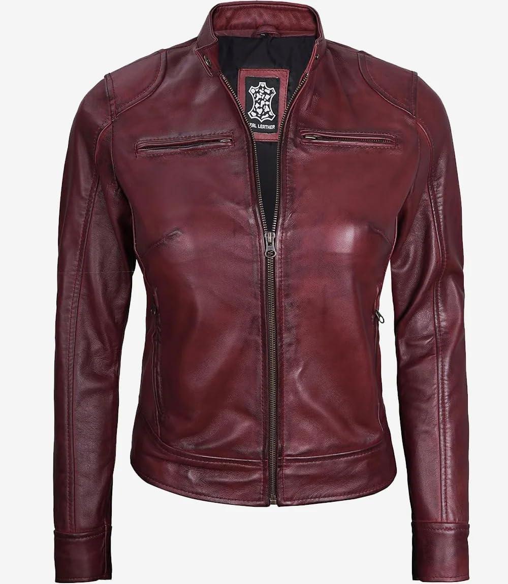 imageBlingsoul Real Leather Jacket Women Cafe Racer Style Womens Leather JacketsDodge Maroon Wax Jacket