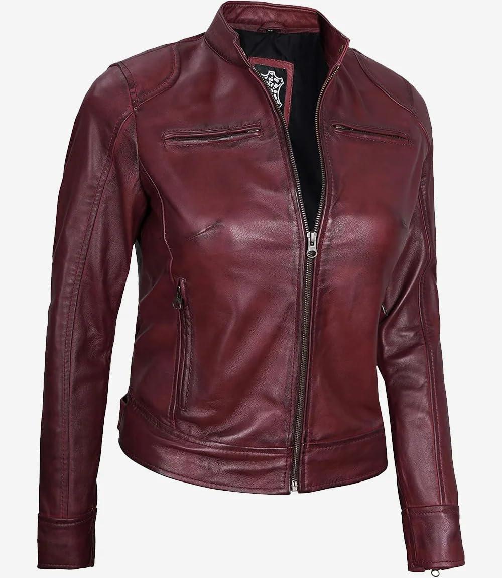 imageBlingsoul Real Leather Jacket Women Cafe Racer Style Womens Leather JacketsDodge Maroon Wax Jacket