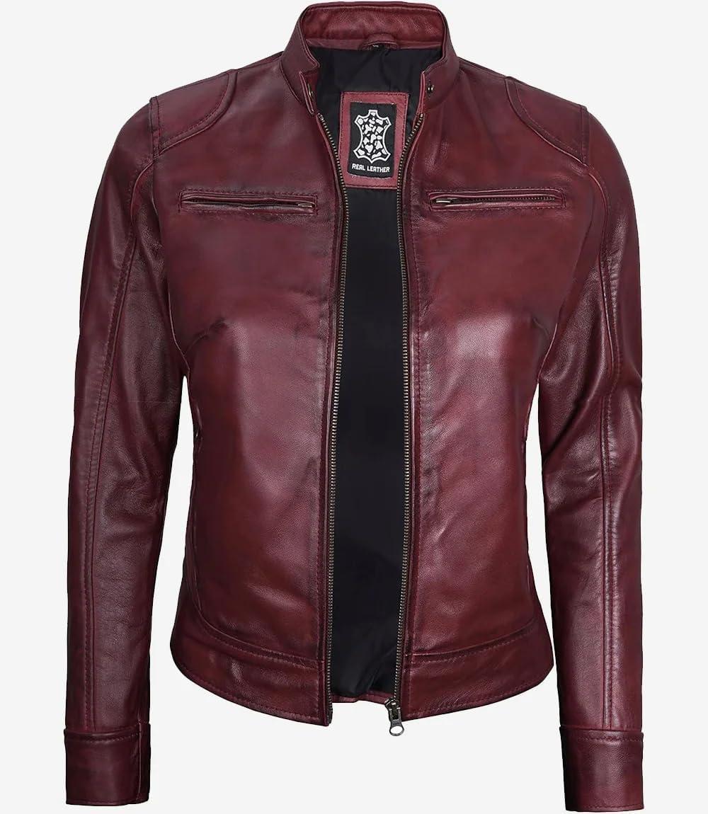 imageBlingsoul Real Leather Jacket Women Cafe Racer Style Womens Leather JacketsDodge Maroon Wax Jacket