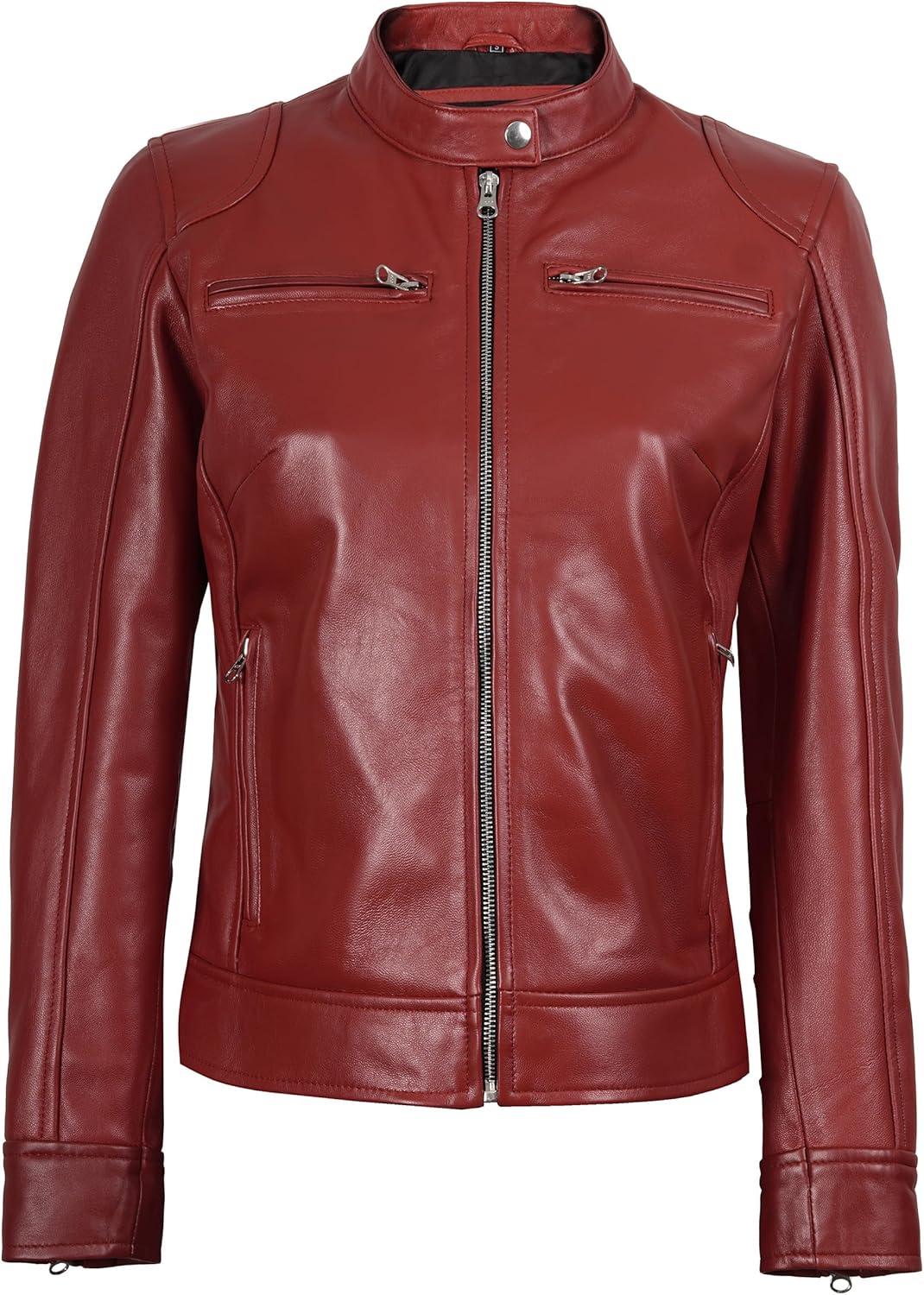 imageBlingsoul Real Leather Jacket Women Cafe Racer Style Womens Leather JacketsDodge Red Jacket