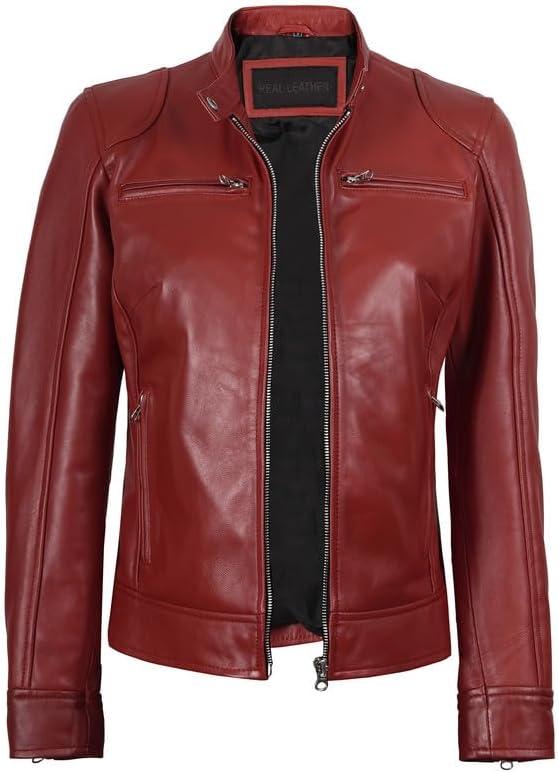 imageBlingsoul Real Leather Jacket Women Cafe Racer Style Womens Leather JacketsDodge Red Jacket