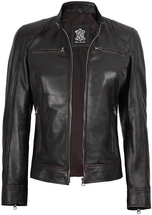 imageBlingsoul Real Leather Jacket Women Cafe Racer Style Womens Leather JacketsDodge Ruboff Jacket