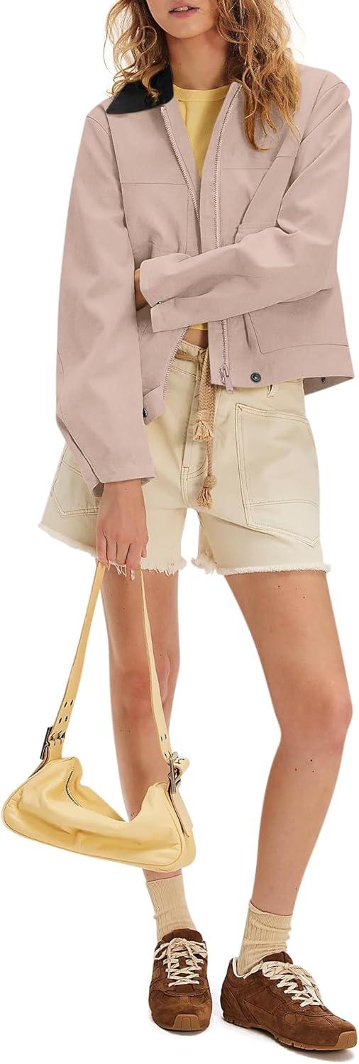 imageCOCCKO Womens Faux Suede Cropped Jacket Casual Zip Up Jackets Contrast Collar Fleece Winter Coats Outerwear with PocketsApricot Pink