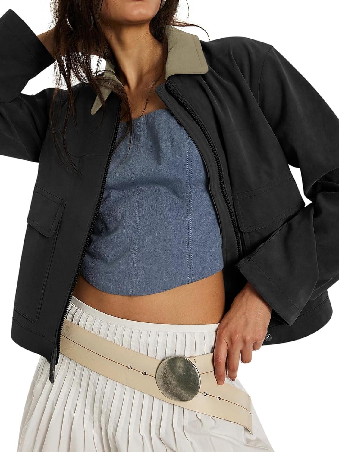 imageCOCCKO Womens Faux Suede Cropped Jacket Casual Zip Up Jackets Contrast Collar Fleece Winter Coats Outerwear with PocketsBlack