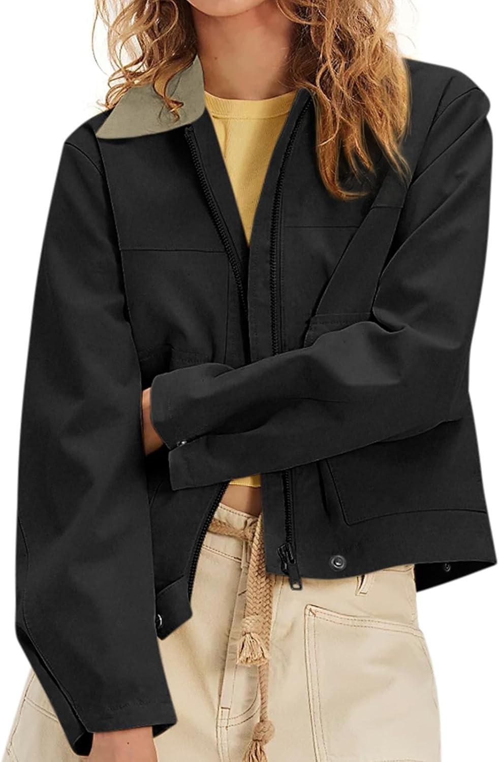 imageCOCCKO Womens Faux Suede Cropped Jacket Casual Zip Up Jackets Contrast Collar Fleece Winter Coats Outerwear with PocketsBlack